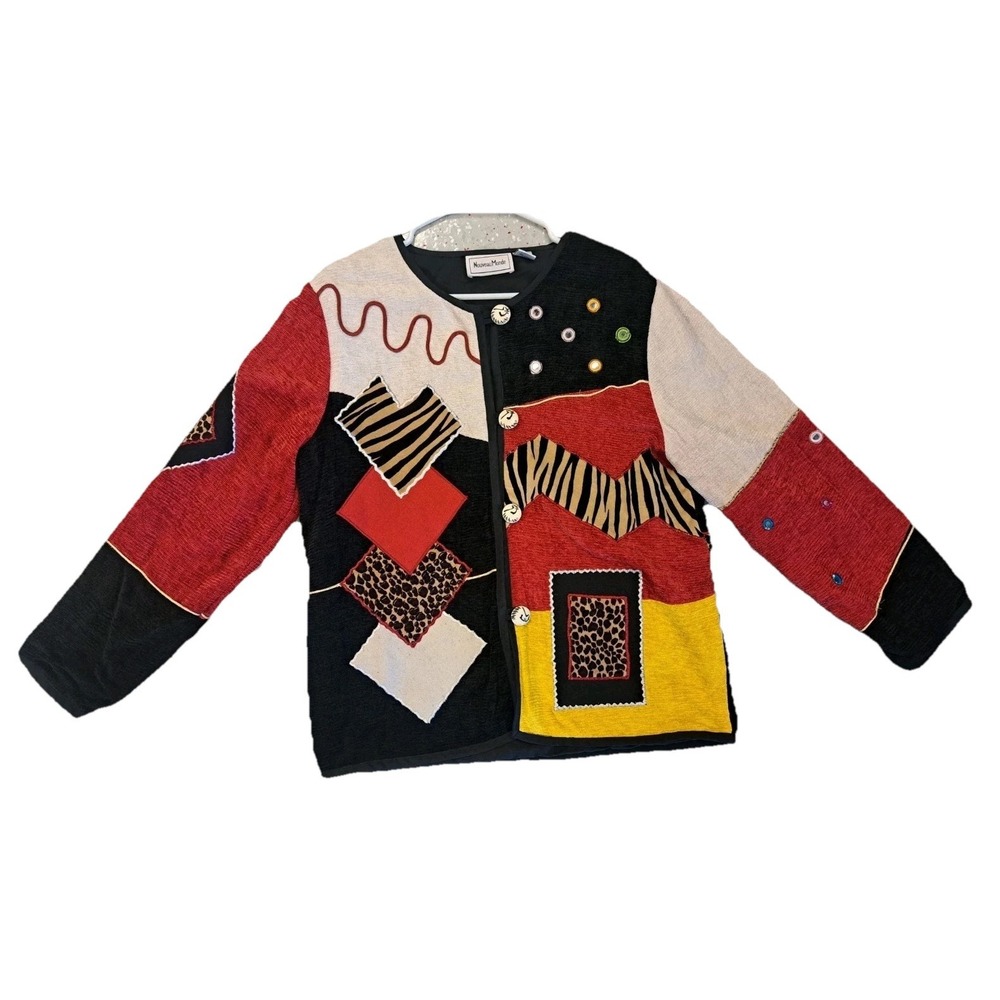 vtg Y2K Nouveau Monde Jacket Patchwork animal print Button Velvet light weight
